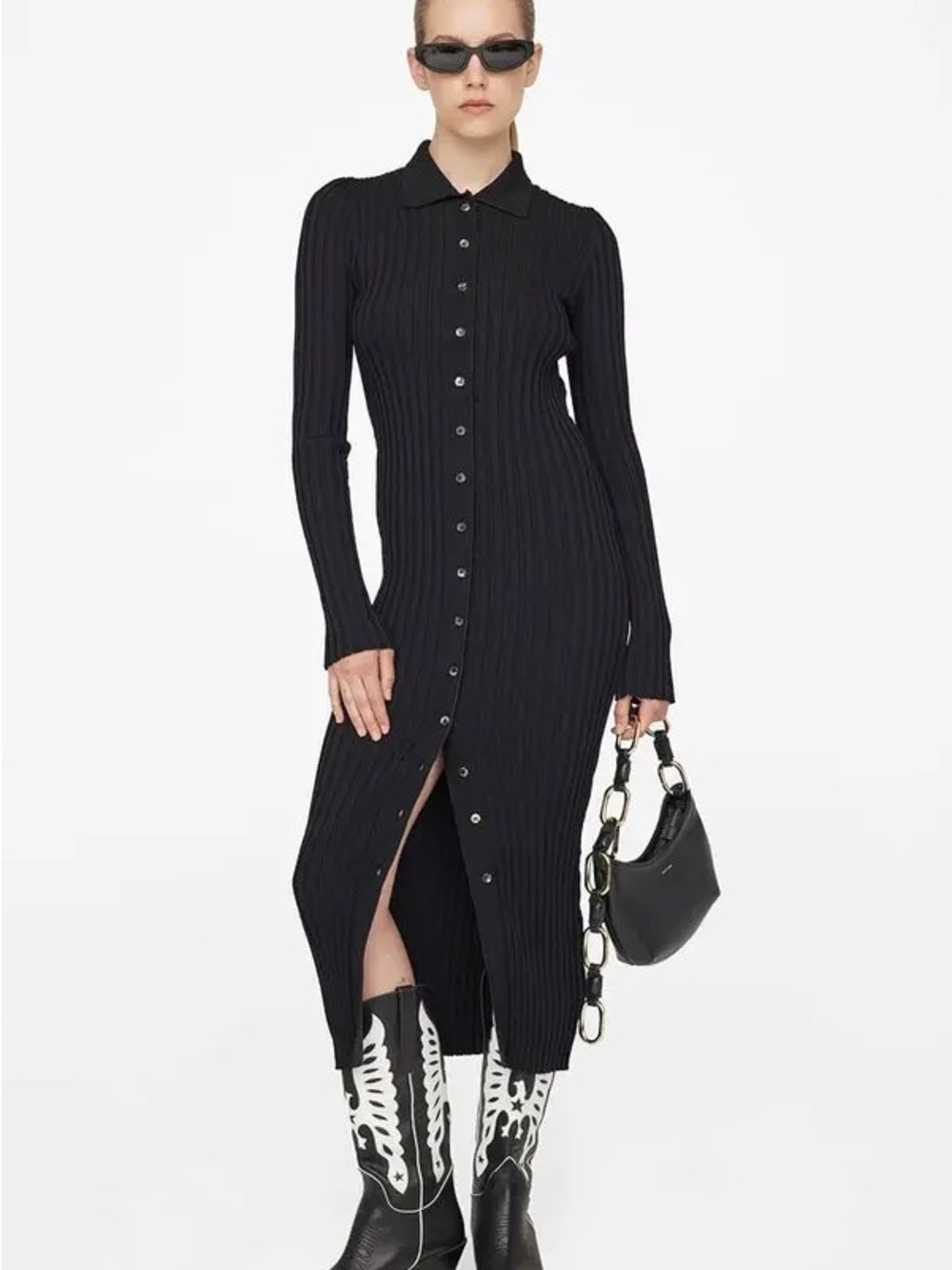 Anine Bing Black Button-Front Ribbed Midi Shirt Dress